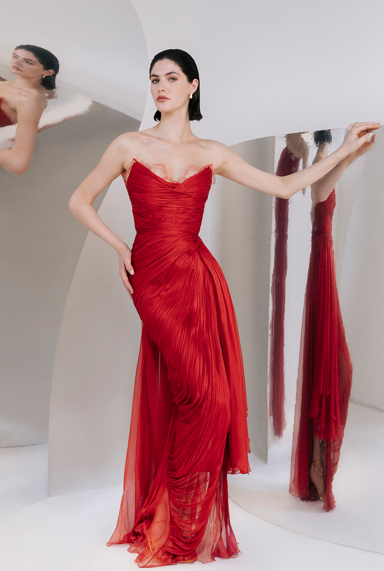 Siona Metallic Plisse Thigh-Slit Draped Midi Dress